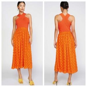 Current Air Orange Rib Knit Halter Eyelash Feather Midi Dress XS